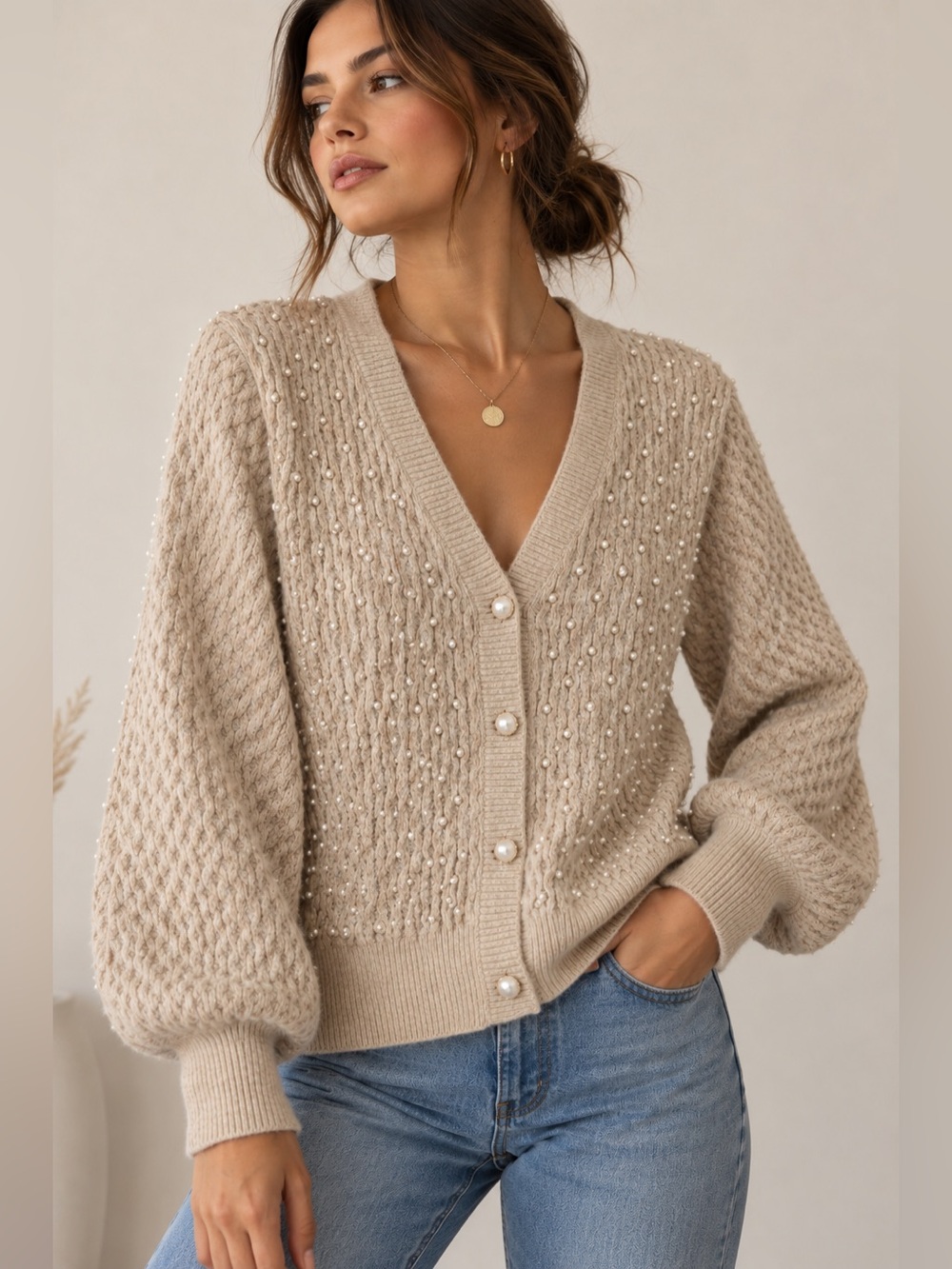 Joseph A Women Small Pearl
Embellished Cardigan Sweater In Oatmeal Heather Sz. L